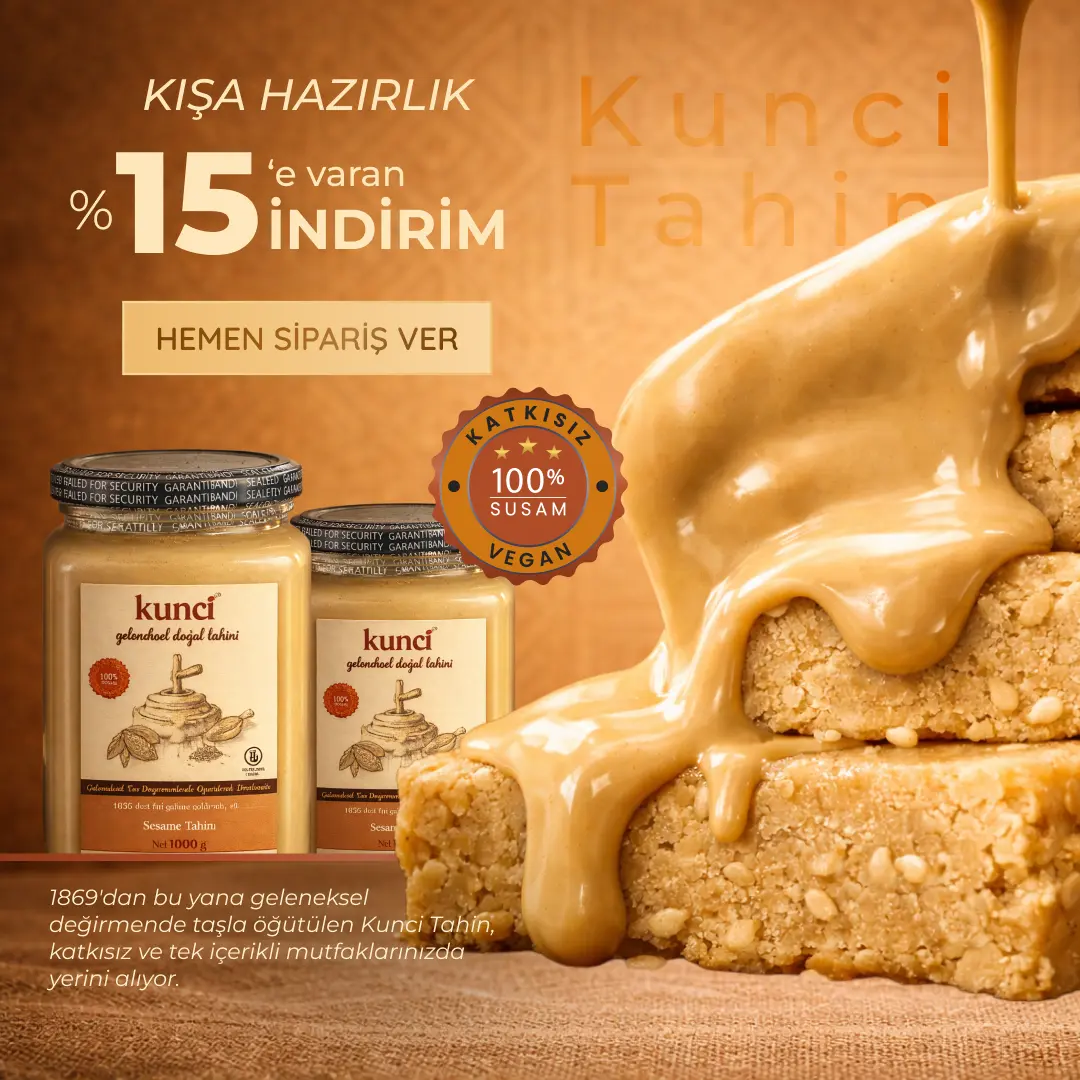 Kunci tahini dökülmüş susamlı helva ve 1000 g Dergul tahini kavanozları — Kış Hazırlığı kampanyası, %15'e varan indirim